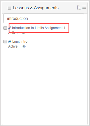 One of the search results is highlighted underneath the search box in the Lessons and Assignments pane.